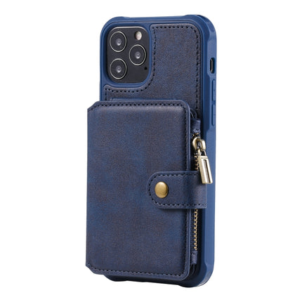 Zipper Shockproof Protective Case with Card Slots & Bracket & Photo Holder & Wallet Function For iPhone 12 / 12 Pro(Blue)-garmade.com