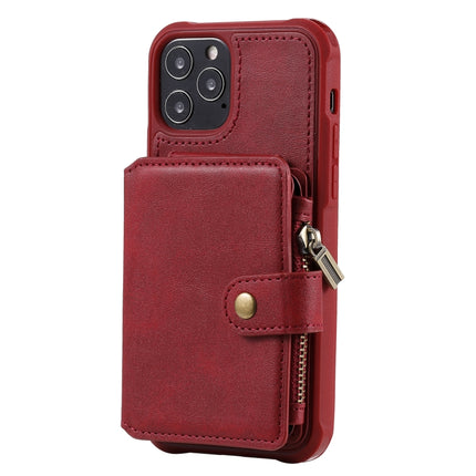 Zipper Shockproof Protective Case with Card Slots & Bracket & Photo Holder & Wallet Function For iPhone 12 / 12 Pro(Red)-garmade.com