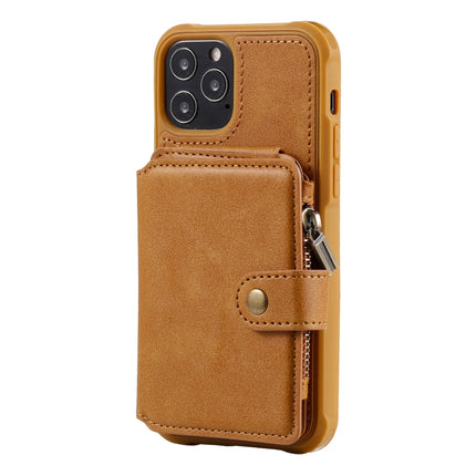 Zipper Shockproof Protective Case with Card Slots & Bracket & Photo Holder & Wallet Function For iPhone 12 / 12 Pro(Brown)-garmade.com