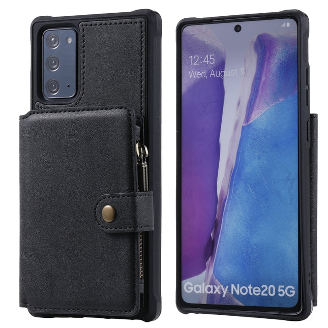 Zipper Shockproof Protective Case with Card Slots & Bracket & Photo Holder & Wallet Function For Samsung Galaxy Note20(Black)-garmade.com