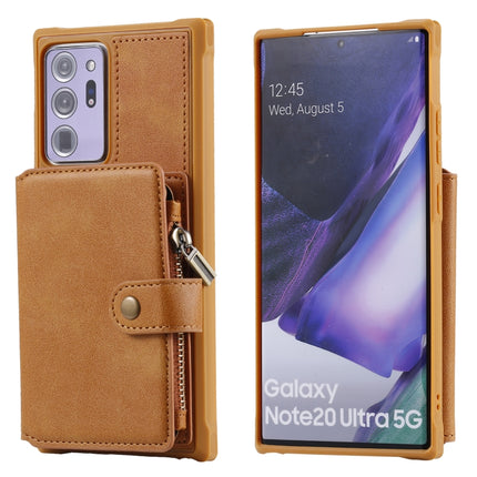 Zipper Shockproof Protective Case with Card Slots & Bracket & Photo Holder & Wallet Function For Samsung Galaxy Note20 Ultra(Brown)-garmade.com