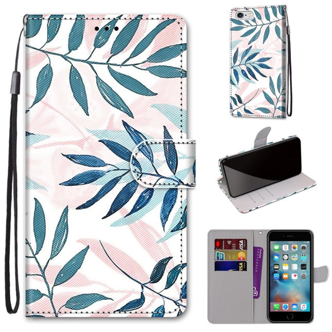 Coloured Drawing Cross Texture Horizontal Flip PU Leather Case with Holder & Card Slots & Wallet & Lanyard For iPhone 6 / 6s(Pink Green Leaf)-garmade.com