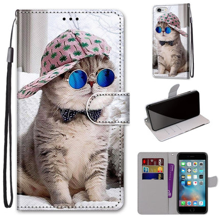 Coloured Drawing Cross Texture Horizontal Flip PU Leather Case with Holder & Card Slots & Wallet & Lanyard For iPhone 6 / 6s(Slant Hat Blue Mirror Cat)-garmade.com