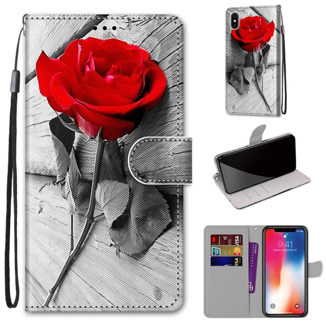 Coloured Drawing Cross Texture Horizontal Flip PU Leather Case with Holder & Card Slots & Wallet & Lanyard For iPhone XS / X(B10 Wood Red Rose)-garmade.com