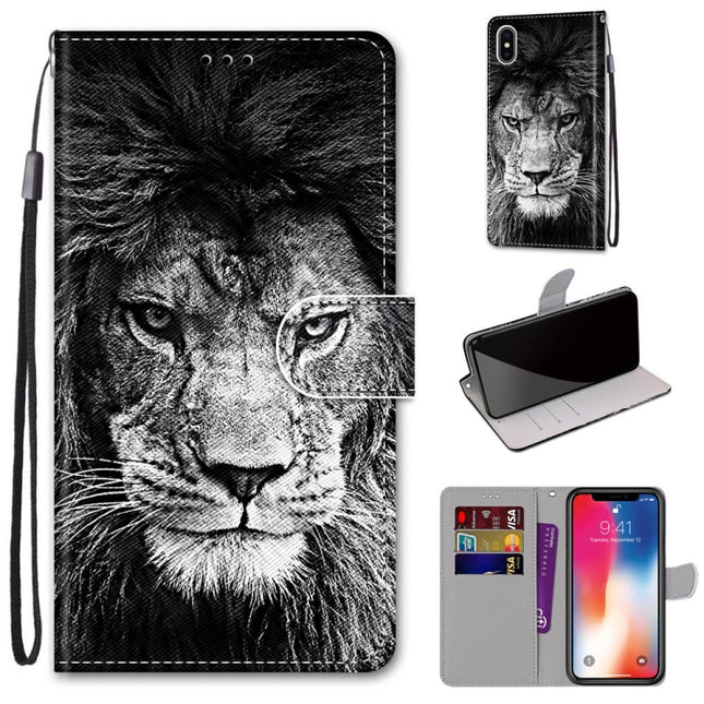 Coloured Drawing Cross Texture Horizontal Flip PU Leather Case with Holder & Card Slots & Wallet & Lanyard For iPhone XS / X(B11 Black White Lion Head)-garmade.com