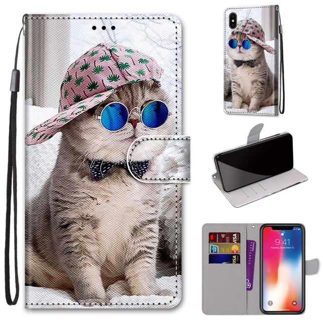 Coloured Drawing Cross Texture Horizontal Flip PU Leather Case with Holder & Card Slots & Wallet & Lanyard For iPhone XS / X(Slant Hat Blue Mirror Cat)-garmade.com