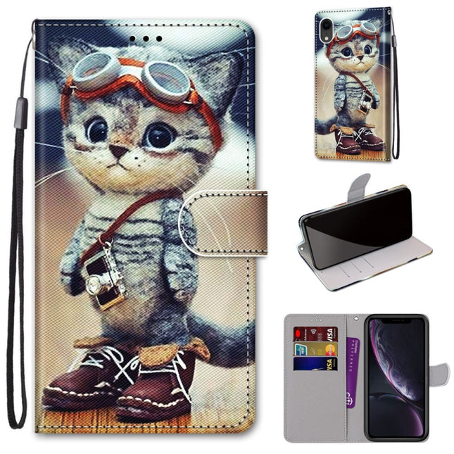 Coloured Drawing Cross Texture Horizontal Flip PU Leather Case with Holder & Card Slots & Wallet & Lanyard For iPhone XR(Leather Shoes Cat)-garmade.com