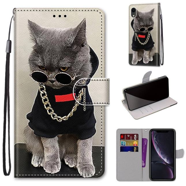 Coloured Drawing Cross Texture Horizontal Flip PU Leather Case with Holder & Card Slots & Wallet & Lanyard For iPhone XR(B09 Golden Chain Grey Cat)-garmade.com