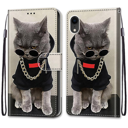Coloured Drawing Cross Texture Horizontal Flip PU Leather Case with Holder & Card Slots & Wallet & Lanyard For iPhone XR(B09 Golden Chain Grey Cat)-garmade.com