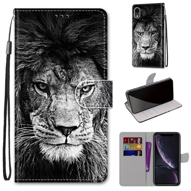 Coloured Drawing Cross Texture Horizontal Flip PU Leather Case with Holder & Card Slots & Wallet & Lanyard For iPhone XR(B11 Black White Lion Head)-garmade.com