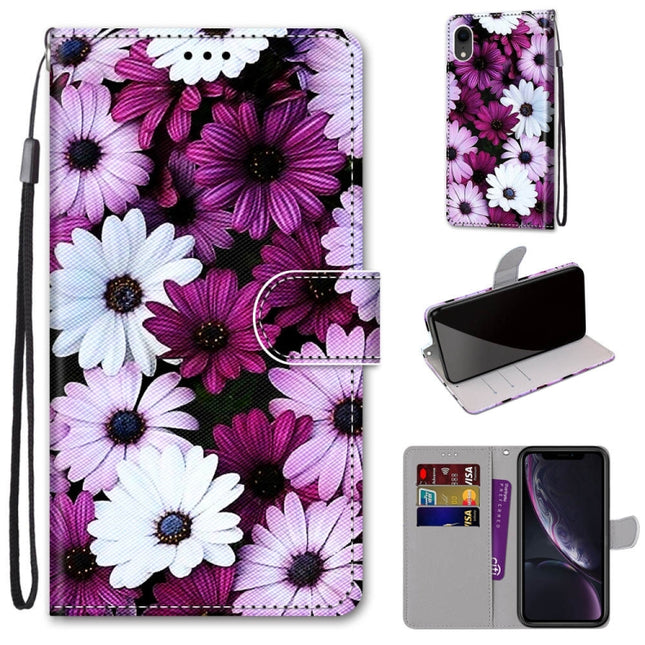 Coloured Drawing Cross Texture Horizontal Flip PU Leather Case with Holder & Card Slots & Wallet & Lanyard For iPhone XR(Chrysanthemum Pink White Purple)-garmade.com