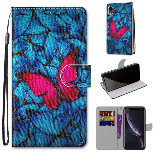 Coloured Drawing Cross Texture Horizontal Flip PU Leather Case with Holder & Card Slots & Wallet & Lanyard For iPhone XR(Blue Red Butterfly)-garmade.com