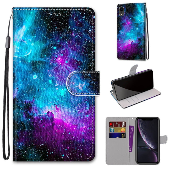 Coloured Drawing Cross Texture Horizontal Flip PU Leather Case with Holder & Card Slots & Wallet & Lanyard For iPhone XR(Purple Green Starry Sky)-garmade.com