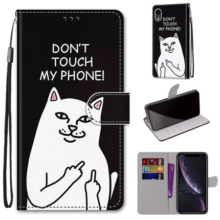 Coloured Drawing Cross Texture Horizontal Flip PU Leather Case with Holder & Card Slots & Wallet & Lanyard For iPhone XR(Middle Finger White Cat)-garmade.com