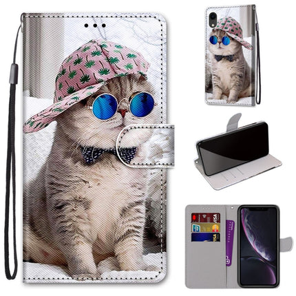 Coloured Drawing Cross Texture Horizontal Flip PU Leather Case with Holder & Card Slots & Wallet & Lanyard For iPhone XR(Slant Hat Blue Mirror Cat)-garmade.com