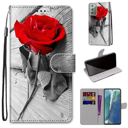 For Samsung Galaxy Note20 Coloured Drawing Cross Texture Horizontal Flip PU Leather Case with Holder & Card Slots & Wallet & Lanyard(Red Rose On Wooden)-garmade.com