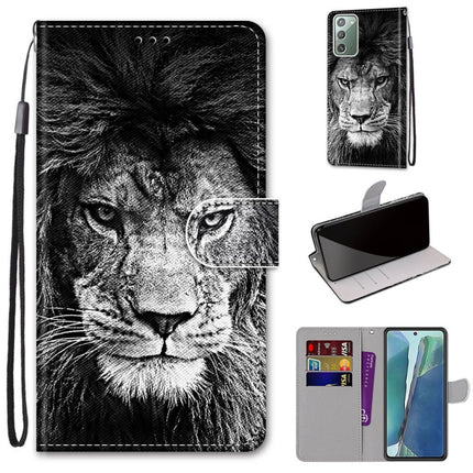 For Samsung Galaxy Note20 Coloured Drawing Cross Texture Horizontal Flip PU Leather Case with Holder & Card Slots & Wallet & Lanyard(Black and White Lion Head)-garmade.com