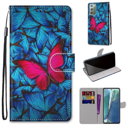 For Samsung Galaxy Note20 Coloured Drawing Cross Texture Horizontal Flip PU Leather Case with Holder & Card Slots & Wallet & Lanyard(Big Red Butterfly On Blue)-garmade.com