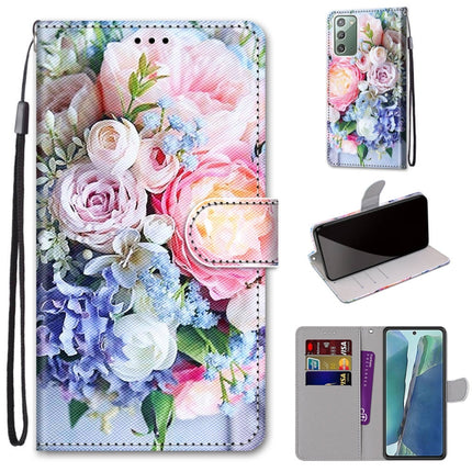 For Samsung Galaxy Note20 Coloured Drawing Cross Texture Horizontal Flip PU Leather Case with Holder & Card Slots & Wallet & Lanyard(Light Pink Bouquet)-garmade.com