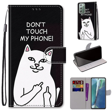 For Samsung Galaxy Note20 Coloured Drawing Cross Texture Horizontal Flip PU Leather Case with Holder & Card Slots & Wallet & Lanyard(Middle Finger White Cat)-garmade.com