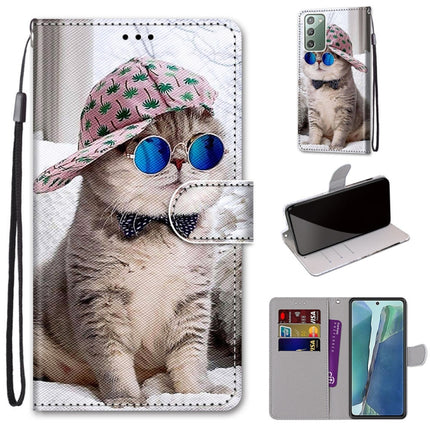 For Samsung Galaxy Note20 Coloured Drawing Cross Texture Horizontal Flip PU Leather Case with Holder & Card Slots & Wallet & Lanyard(Oblique Hat Blue Mirror Cat)-garmade.com