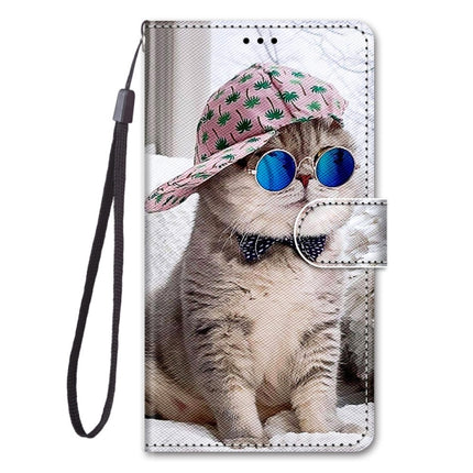 For Samsung Galaxy Note20 Coloured Drawing Cross Texture Horizontal Flip PU Leather Case with Holder & Card Slots & Wallet & Lanyard(Oblique Hat Blue Mirror Cat)-garmade.com