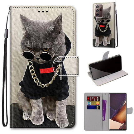 For Samsung Galaxy Note20 Ultra Coloured Drawing Cross Texture Horizontal Flip PU Leather Case with Holder & Card Slots & Wallet & Lanyard(Golden Chain Grey Cat)-garmade.com