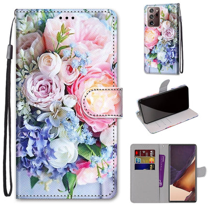 For Samsung Galaxy Note20 Ultra Coloured Drawing Cross Texture Horizontal Flip PU Leather Case with Holder & Card Slots & Wallet & Lanyard(Light Pink Bouquet)-garmade.com