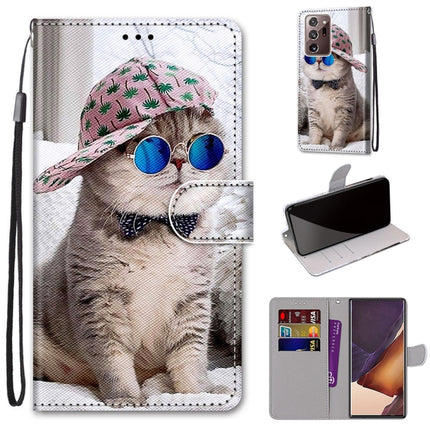 For Samsung Galaxy Note20 Ultra Coloured Drawing Cross Texture Horizontal Flip PU Leather Case with Holder & Card Slots & Wallet & Lanyard(Oblique Hat Blue Mirror Cat)-garmade.com