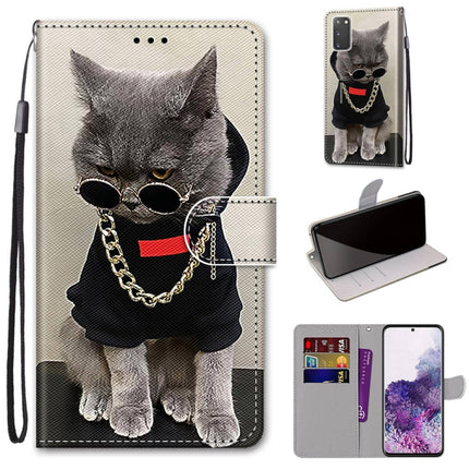 For Samsung Galaxy S20 Coloured Drawing Cross Texture Horizontal Flip PU Leather Case with Holder & Card Slots & Wallet & Lanyard(Golden Chain Grey Cat)-garmade.com