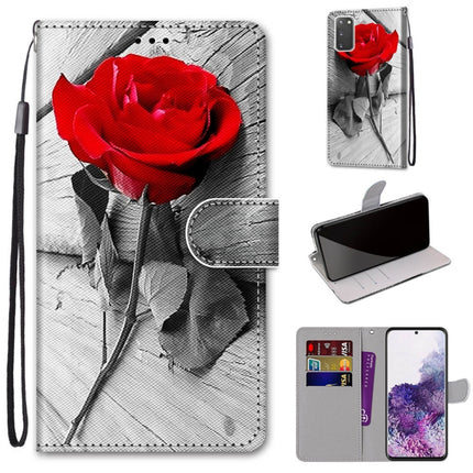 For Samsung Galaxy S20 Coloured Drawing Cross Texture Horizontal Flip PU Leather Case with Holder & Card Slots & Wallet & Lanyard(Red Rose On Wooden)-garmade.com
