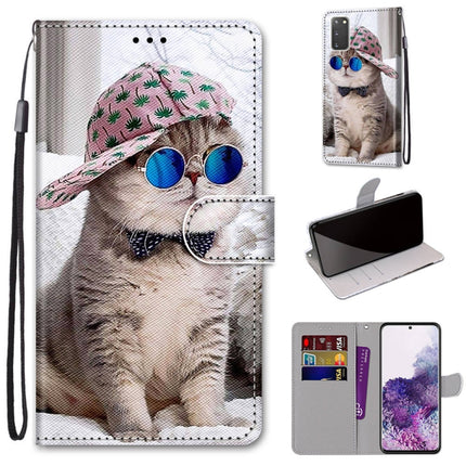 For Samsung Galaxy S20 Coloured Drawing Cross Texture Horizontal Flip PU Leather Case with Holder & Card Slots & Wallet & Lanyard(Oblique Hat Blue Mirror Cat)-garmade.com