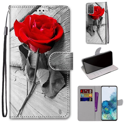 For Samsung Galaxy S20+ Coloured Drawing Cross Texture Horizontal Flip PU Leather Case with Holder & Card Slots & Wallet & Lanyard(Red Rose On Wooden)-garmade.com