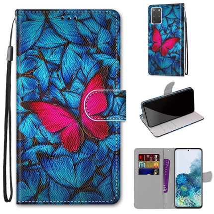 For Samsung Galaxy S20+ Coloured Drawing Cross Texture Horizontal Flip PU Leather Case with Holder & Card Slots & Wallet & Lanyard(Big Red Butterfly On Blue)-garmade.com