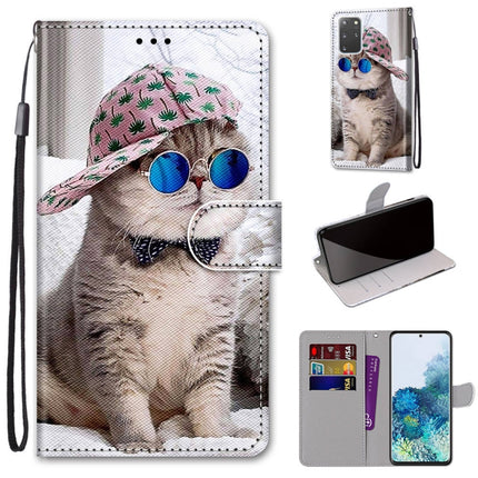 For Samsung Galaxy S20+ Coloured Drawing Cross Texture Horizontal Flip PU Leather Case with Holder & Card Slots & Wallet & Lanyard(Oblique Hat Blue Mirror Cat)-garmade.com