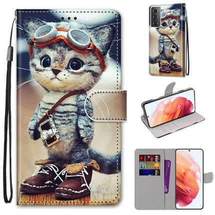 For Samsung Galaxy S21 5G Coloured Drawing Cross Texture Horizontal Flip PU Leather Case with Holder & Card Slots & Wallet & Lanyard(Leather Shoes Cat)-garmade.com