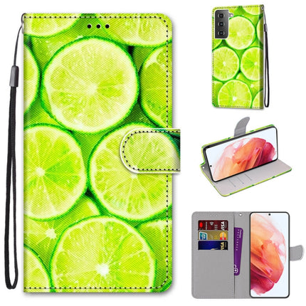 For Samsung Galaxy S21 5G Coloured Drawing Cross Texture Horizontal Flip PU Leather Case with Holder & Card Slots & Wallet & Lanyard(Lime)-garmade.com