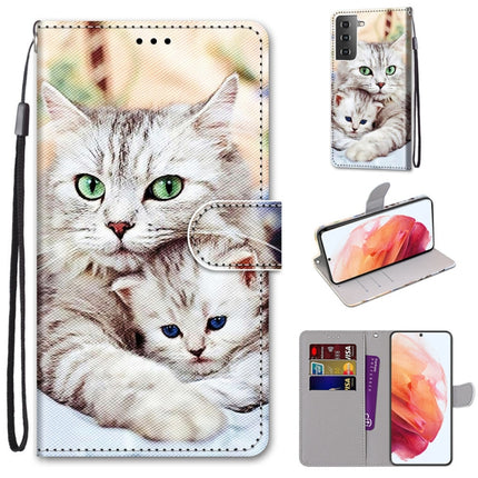 For Samsung Galaxy S21 5G Coloured Drawing Cross Texture Horizontal Flip PU Leather Case with Holder & Card Slots & Wallet & Lanyard(Big Cat Hugging Kitten)-garmade.com