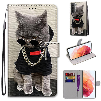 For Samsung Galaxy S21 5G Coloured Drawing Cross Texture Horizontal Flip PU Leather Case with Holder & Card Slots & Wallet & Lanyard(Golden Chain Grey Cat)-garmade.com