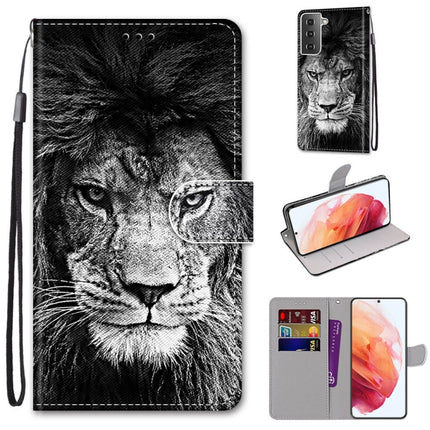 For Samsung Galaxy S21 5G Coloured Drawing Cross Texture Horizontal Flip PU Leather Case with Holder & Card Slots & Wallet & Lanyard(Black and White Lion Head)-garmade.com