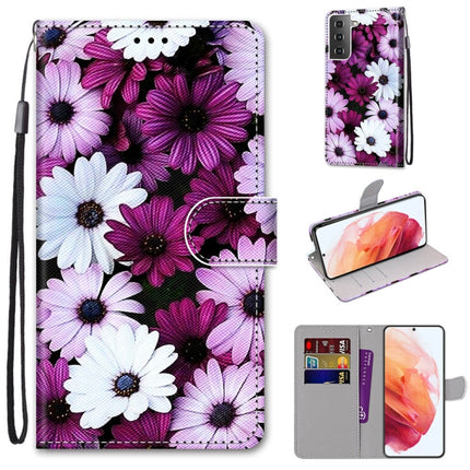 For Samsung Galaxy S21 5G Coloured Drawing Cross Texture Horizontal Flip PU Leather Case with Holder & Card Slots & Wallet & Lanyard(Chrysanthemum Pink White Purple)-garmade.com