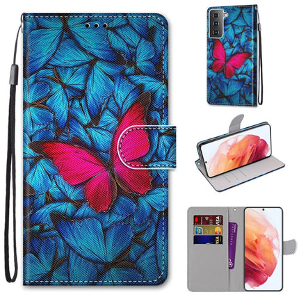 For Samsung Galaxy S21 5G Coloured Drawing Cross Texture Horizontal Flip PU Leather Case with Holder & Card Slots & Wallet & Lanyard(Big Red Butterfly On Blue)-garmade.com