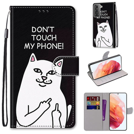 For Samsung Galaxy S21 5G Coloured Drawing Cross Texture Horizontal Flip PU Leather Case with Holder & Card Slots & Wallet & Lanyard(Middle Finger White Cat)-garmade.com