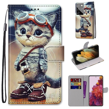 For Samsung Galaxy S21 Ultra 5G Coloured Drawing Cross Texture Horizontal Flip PU Leather Case with Holder & Card Slots & Wallet & Lanyard(Leather Shoes Cat)-garmade.com