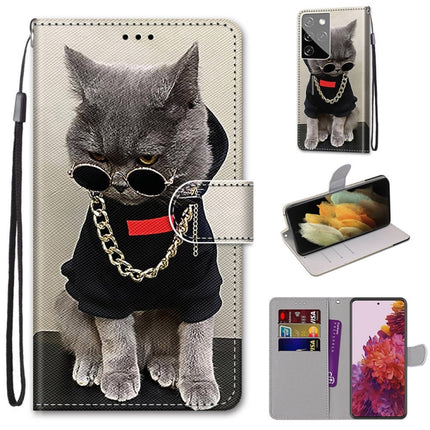 For Samsung Galaxy S21 Ultra 5G Coloured Drawing Cross Texture Horizontal Flip PU Leather Case with Holder & Card Slots & Wallet & Lanyard(Golden Chain Grey Cat)-garmade.com