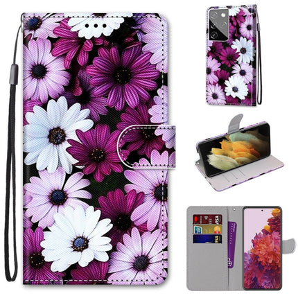 For Samsung Galaxy S21 Ultra 5G Coloured Drawing Cross Texture Horizontal Flip PU Leather Case with Holder & Card Slots & Wallet & Lanyard(Chrysanthemum Pink White Purple)-garmade.com