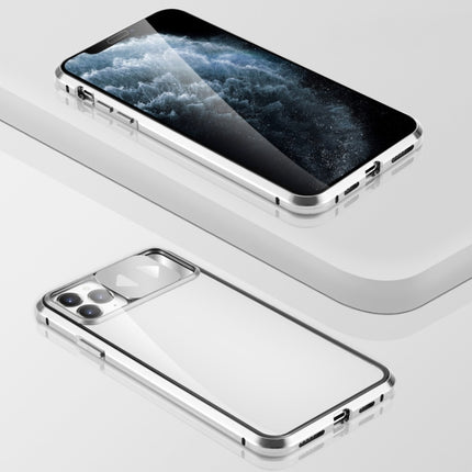 Sliding Lens Cover Mirror Design Four-corner Shockproof Magnetic Metal Frame Double-sided Tempered Glass Case For iPhone 12 Pro Max(Silver)-garmade.com