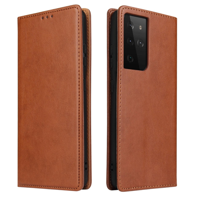 For Samsung Galaxy S21 Ultra 5G Fierre Shann PU Genuine Leather Texture Horizontal Flip Leather Case with Holder & Card Slots & Wallet(Brown)-garmade.com