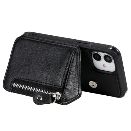 Zipper Double Buckle Shockproof Protective Case with Stand & Photo Holder & Wallet Function For iPhone 12 mini(Black)-garmade.com