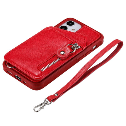 Zipper Double Buckle Shockproof Protective Case with Stand & Photo Holder & Wallet Function For iPhone 12 mini(Red)-garmade.com